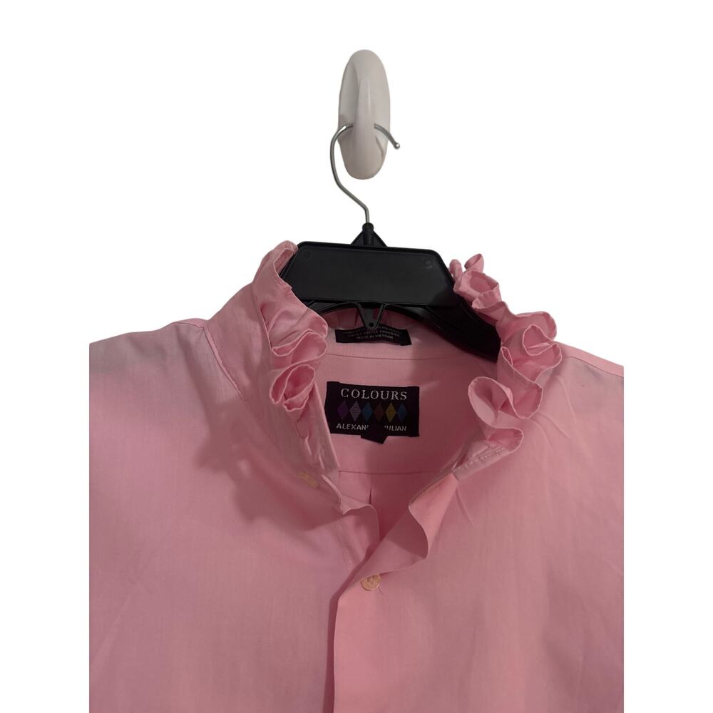 Womens Solid Pink Upcycled Ruffle Collar Button Up Mens Shirt Size XL - Picture 3 of 6